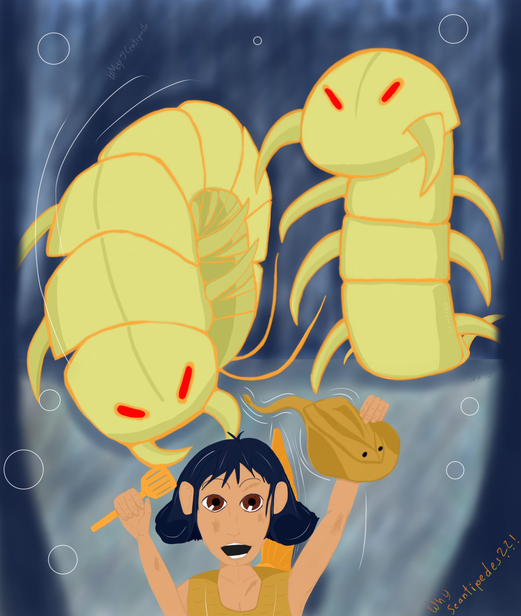 Digitalzeichnung, Comicstil: "Merindiana Jane", eine Meerjungfrau, die an Indiana Jones erinnert, flieht vor zwei riesigen Unterwasser-Hundertfüßern, mit der linken Hand greift sie den Rochen, der ihren Hut darstellt, in der linken hält sie einen goldenen Pfannenwender, Titel auf englisch: "Why Seantipedes??!"