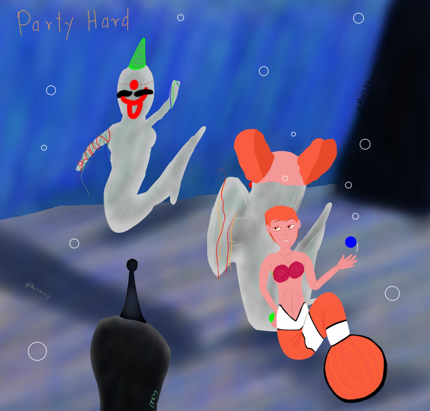 Digitalzeichnung, Comicstil: "Nema", eine Meerjungfrau mit dem Unterkörper eines Clownfischs, Seeanemonen als Bikinioberteil, sehr kurze, rot-orangene Haare in sichelartigem Style, am Hinterkopf noch weiter gekürzt, versteckt sich hinter einer Statue, die eine Clownperücke trägt, andere Statuen tragen Partyhüte, falsche Bärte, aufgemalte Münder und Luftschlangen, von links erscheint drohend der Schatten Merdusas, der Medusa-Meerjungfrau, Titel auf englisch: "Party Hard"