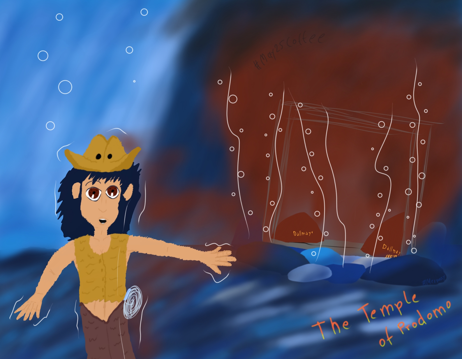 Digitalzeichnung, Comicstil: "Merindiana Jane", eine Meerjungfrau, die an Indiana Jones erinnert, verlässt einen versunkenen Lastwagen mit nun offenem Laderaum. In diesem finden sich Säcke mit der Aufschrift "Dallmayr" und "Prodomo", um den Laster herum steigen blasen auf, das Wasser kräusel sich (heiße Quellen) eine braune Wolke erhebt sich im Wasser, Merindiana und ihr Hut haben weit geöffnete Augen und zittern sichtlich, Titel auf englisch: "The Tempe of Prodomo"