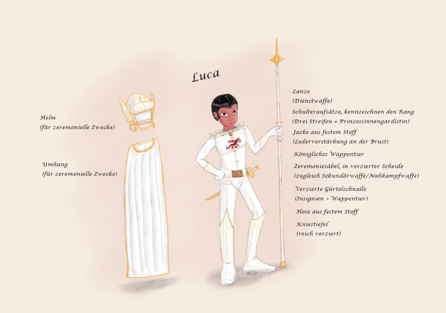 Digitalzeichnung, Comicstil: Eine, recht burschikos wirkende, Frau mit kurzen, schwarzen Haaren. Sie trägt eine weiße Uniform mit Goldverzierungen, an der linken Hüfte ist ein Säbel in einer Scheide am Gürtel befestigt, auf der Brust ist als Wappentier eine eine rote, drachenartige Gestalt erkennbar. Die rechte Hand ist in die Hüfte gestemmt, die linke hält eine Lanze. Links ein Helm und ein Umhang. Der Helm hat Drachenflügel an den Seiten, beide Kleidungsstücke sind weiß. Überschrift des Bildes "Luca", rechts und links nähere Beschreibungen der Kleidungsstücke: Helm bzw. Umhang für zeremonielle Zwecke, Lanze (Dienstwaffe), Schulteraufsätze = Rang (3 Streifen = Prinzessinnengardistin), Jacke mit Lederverstärkung an der Brust, Säbel (Sekundärwaffe), verzierte Gürtelschnalle, Hose, Kniestiefel