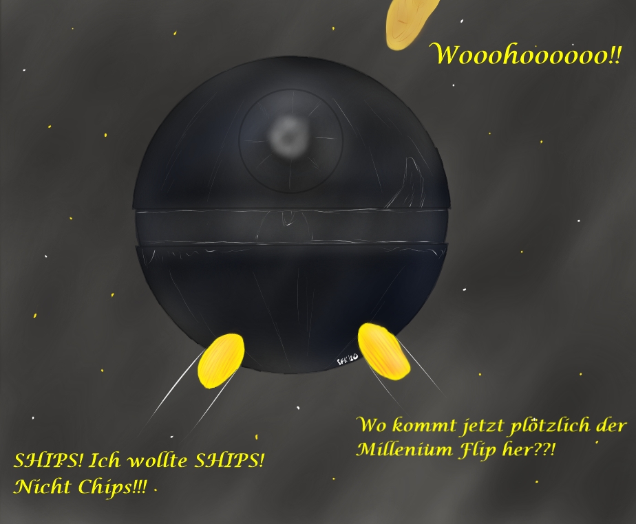 Digitalzeichnung, Comicstil: Im Hintergrund der Weltraum und der Todesstern aus Star Wars, die Mulde, in der sich seine Hauptwaffe befindet, ist nach vorne gerichtet und erinnert an ein Auge, die Strukturen darunter bilden einen Mund und eine Zunge nach, die sich die Lippen leckt, im Vordergrund unten zwei Rifflechips, die auf den Todesstern zufliegen, linker Chip zum rechten: "SHIPS! Ich wollte SHIPS! Nicht Chips!", von oben mittig im Bild kommt noch ein Erdnussflip hinzugeflogen ("Wooohooo!"), rechter Chip: "Wo kommt jetzt plötzlich der Millenium Flip her?!!"