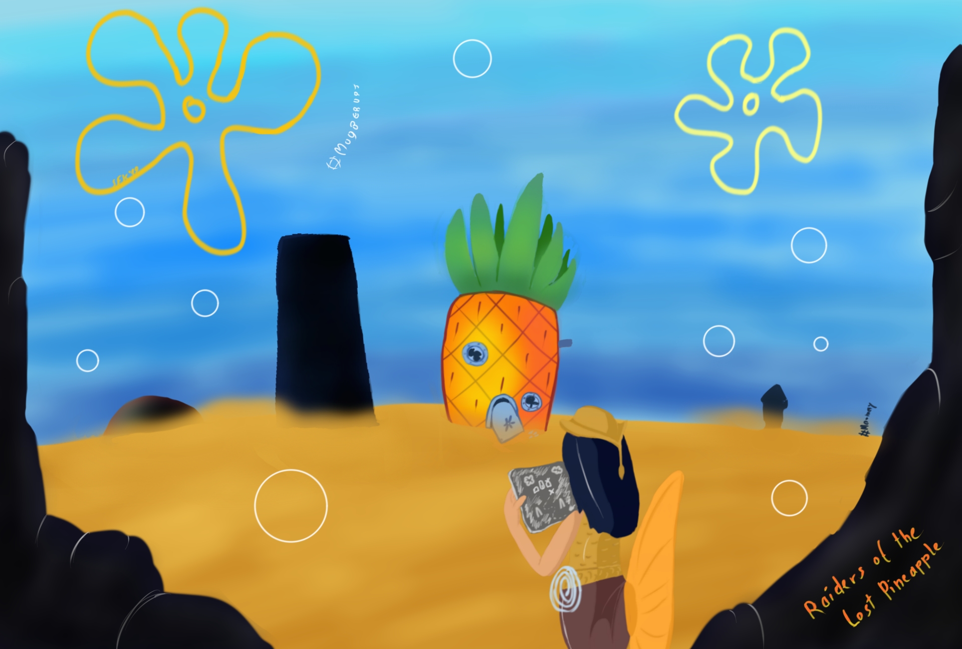 Digitalzeichnung, Comicstil: "Merindiana Jane", eine Meerjungfrau, die an Indiana Jones erinnert, von hinten betrachtet eine Karte lesend, vor ihr eine wüstenartige Gegend (unter Wasser) mit einem großen, aber zerfallenenen Ananashaus, einer kaum noch erkennbaren Osterinselfigur und einem Felsen, stilisierte Korallen am "Himmel", Titel auf englisch: "Raiders of the Lost Pineapple"