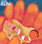 Digitalzeichnung, Comicstil: "Nema", eine Meerjungfrau mit dem Unterkörper eines Clownfischs, Seeanemonen als Bikinioberteil, sehr kurze, rot-orangene Haare in sichelartigem Style, am Hinterkopf noch weiter gekürzt, liegt in einer riesigen orangenen Seeanemone, in der rechten Hand einen blauen Ball haltend, sich mit der linken eine rote Nase aufsteckend, Titel auf englisch: "Joking Nema"