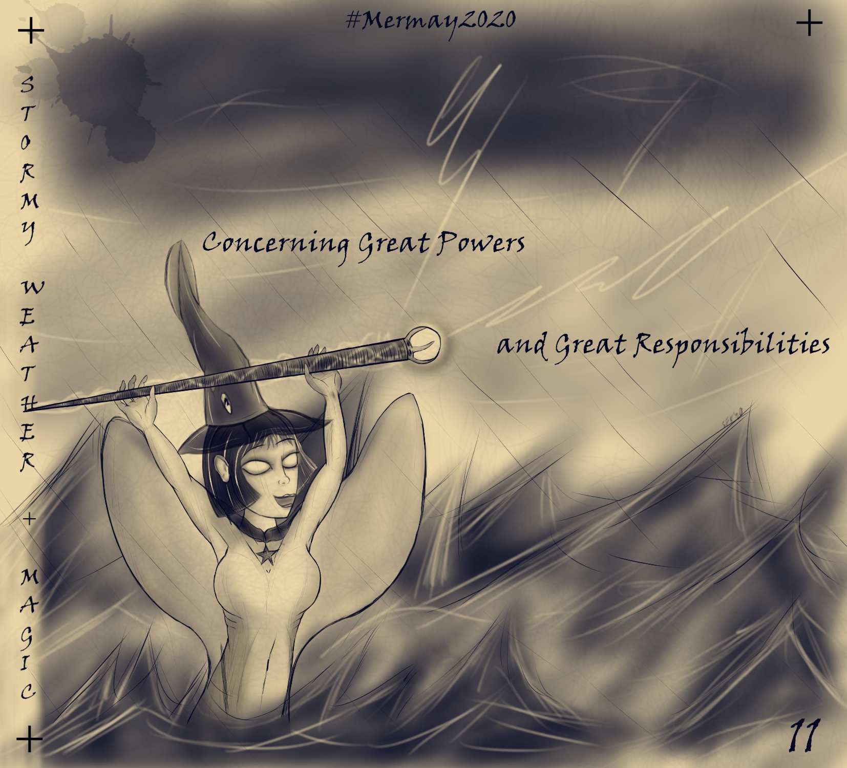 Digitalzeichnung, Comicstil, monochrom Dunkelblau, heller Hintergrund: Eine junge Meerjungfrau mit dem Oberkörper über der Wasseroberfläche, sie hat kurzes, schwarzes Haar und hält einen Stab in die Luft, der aus einem Belemniten besteht, der eine große, leuchtende Perle hält. Licht und Blitze laufen an ihm entlang und er feuert einen großen Blitz in die Luft. Die Augen der Meerjungfrau leuchten weiß, auf ihrem Kopf hat sie als Hut einen Tintenfisch mit Haut zwischen den Armen. Auf ihrem Rücken sind mantarochenartige Flossen wie ein Umhang und dessen Kopfflossen formen ein schwarzes Halsband um ihren Hals. An diesem befestigt ist ein schwarzer Seestern. See und Himmel sind stürmisch, Regen und Blitze füllen die Luft. Text auf Englisch: Concerning Great Powers and Great Responsibilities.