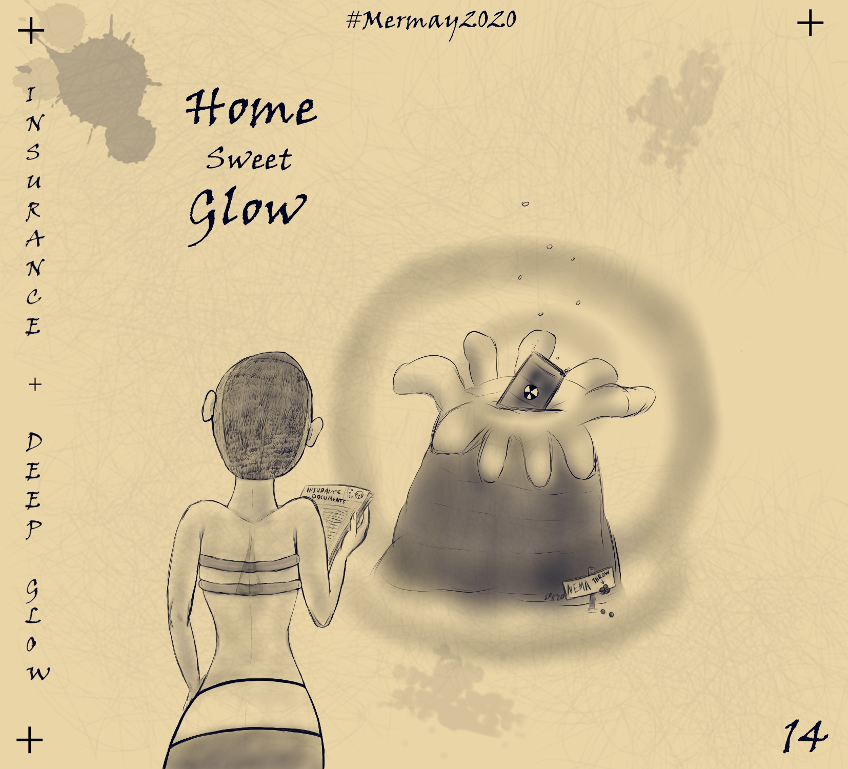 Digitalzeichnung, Comicstil, monochrom dunkelblau: "Nema", eine Meerjungfrau mit dem Unterkörper eines Clownfischs, Seeanemonen als Bikinioberteil, sehr kurze, rot-orangene Haare in sichelartigem Style, am Hinterkopf noch weiter gekürzt, schaut in ihre Vesicherungspapiere, während im Hintergrund eine Tonne Atommüll zu sehen ist, die in ihrer Seeanemone steckt und am Glühen ist, Titel auf englisch: "Home Sweet Glow"