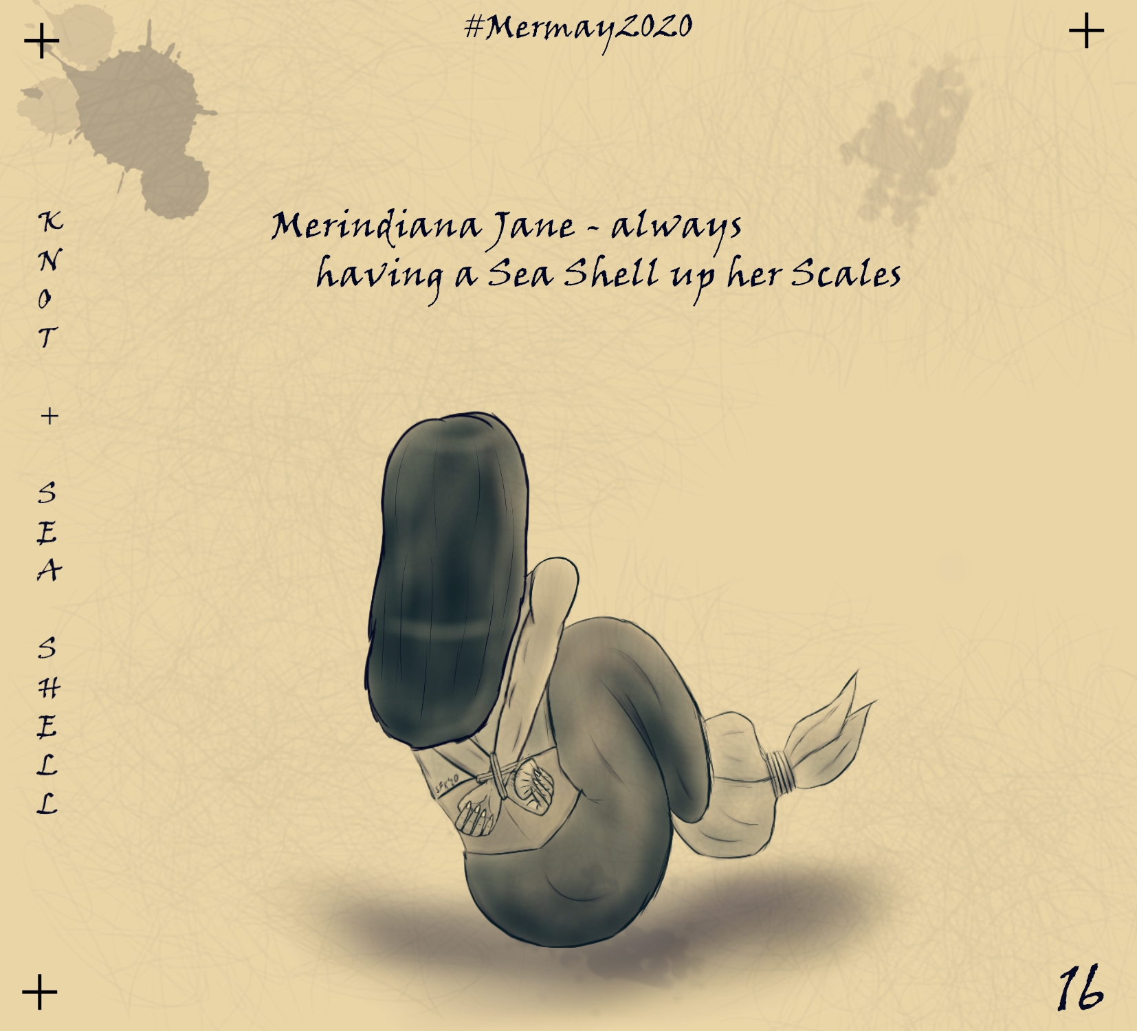 Digitalzeichnung, Comicstil, monochrom, dunkelblau: "Merindiana Jane", eine Meerjungfrau, die an Indiana Jones erinnert, von hinten gesehen, gefesselt an den Handgelenken und am Fischschwanz, die Hanfessel zerschneidet sie mit einer Muschelschale, Titel auf englisch: "Merindiana Jane - always having a Sea Shell up her Scales"