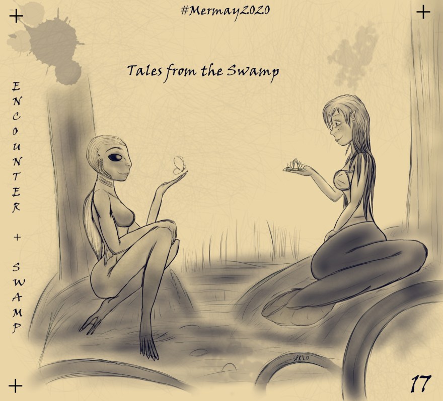 Digitalzeichnung, Comicstil, dunkles Blau auf beigem Grund: Mermay 2020, Tag 17, Encounter + Swamp - Ein Sumpf, links und rechts festerer Grund mit je einem Baum, rechts sitzt eine Meerjungfrau mit nass, wie Wasserpflanzen, herabhängenden Haaren und einem aalähnlichen Fischschwanz, sie hält eine Seerosenblute in der Hand und schaut nach links zu einem weiblichen Wesen, das eine Mischung zwischen Mensch und Amphinium ist, Kiemenbögen an Kopf und Hals sowie an den Ellenbogen angedeutete Schwimmflossen und eine Rückflosse besitzt, die Amphibienfrau hat große, schwarze, ovale Augen und auf ihrer Hand einen weißen Schmetterling, den sie gerade in Richtung der Meerjungfrau losfliegen lässt