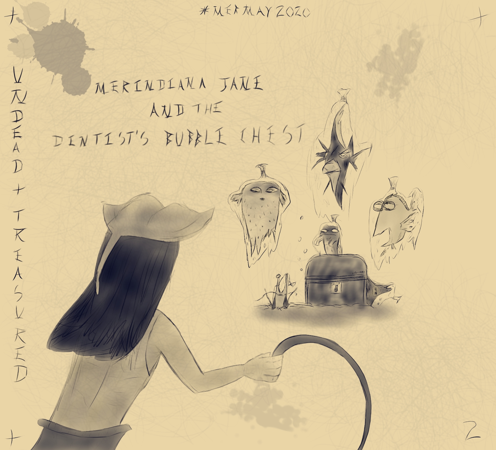 Digitalzeichnung, Comicstil, monochrom, dunkelblau: "Merindiana Jane", eine Meerjungfrau, die an Indiana Jones erinnert von hinten betrachtet, steht mehreren Zombiefischen, einem Zombieseestern und einer Zombiekrabbe gegenüber, die sich allesamt in Plastikbeuteln befinden und eine Truhe bewachen, Titel auf englisch: "Merindiana Jane and the Dentist's Bubble Chest"