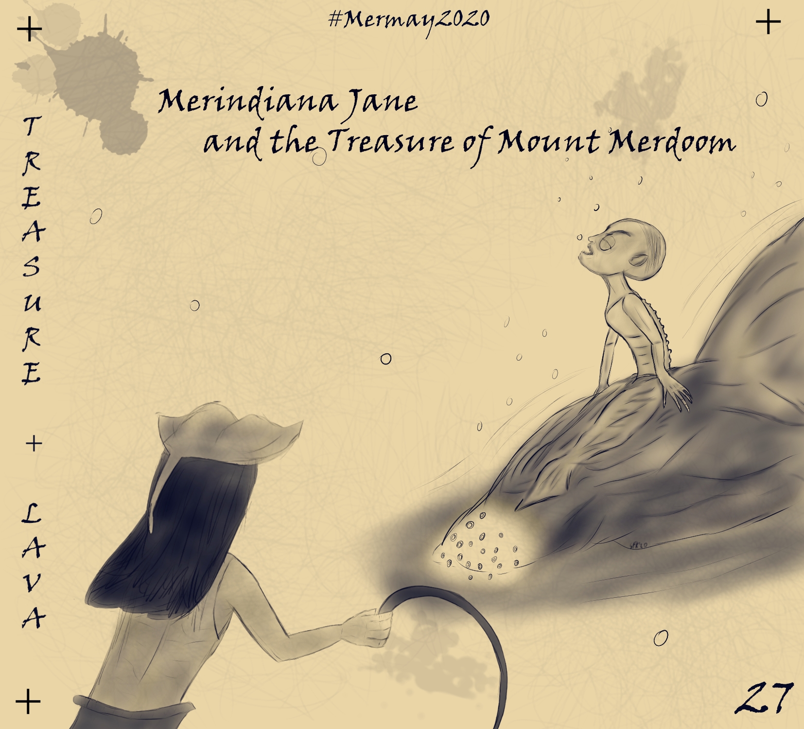 Digitalzeichnung, Comicstil, monochrom, dunkelblau: "Merindiana Jane", eine Meerjungfrau, die an Indiana Jones erinnert, von hinten gesehen. Sie schaut auf unter Wasser erstarrte Lava, zu deren Fuße befinden sich zwanzig strahlende Ringe, in ihrer Mitte eine See-Person, gefangen in der versteinerten Lava, die an Gollum ("Herr der Ringe") erinnert und sich zu befreien versucht, Titel auf englisch: "Merindiana Jane and the Treasure of Mount Merdoom"