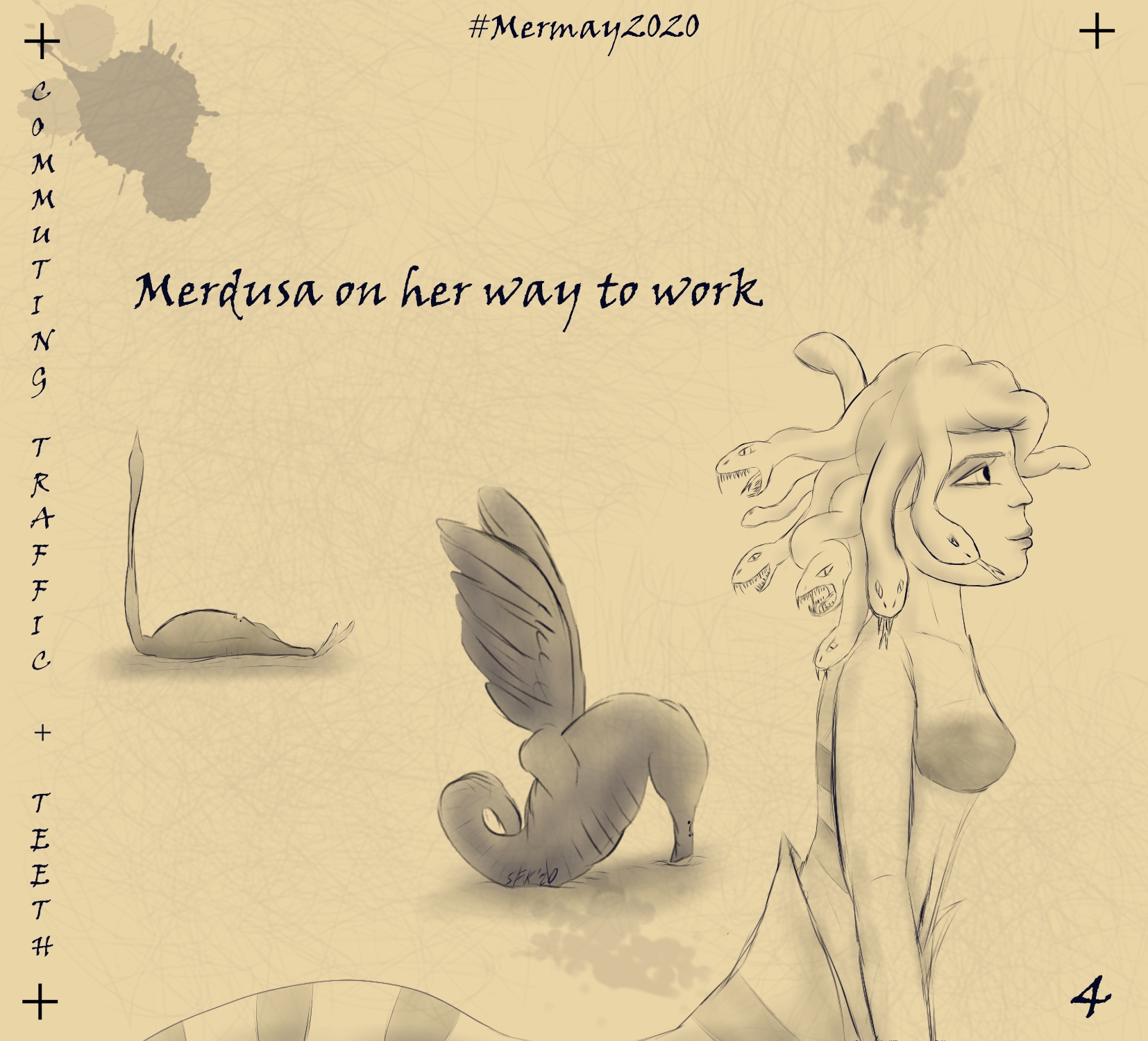 Digital Painting, Comic style, monochrome, dark blue colour, bright background: Merdusa, a mermaid with the lower body of a snake and snakes as hair, in side view, face turned to the right side of the painting, the snakes are showing their teeth, in the background a petrified sea horse and a petrified ray; topic: "Commuting Travel + Teeth", text: "Merdusa on her way to work".