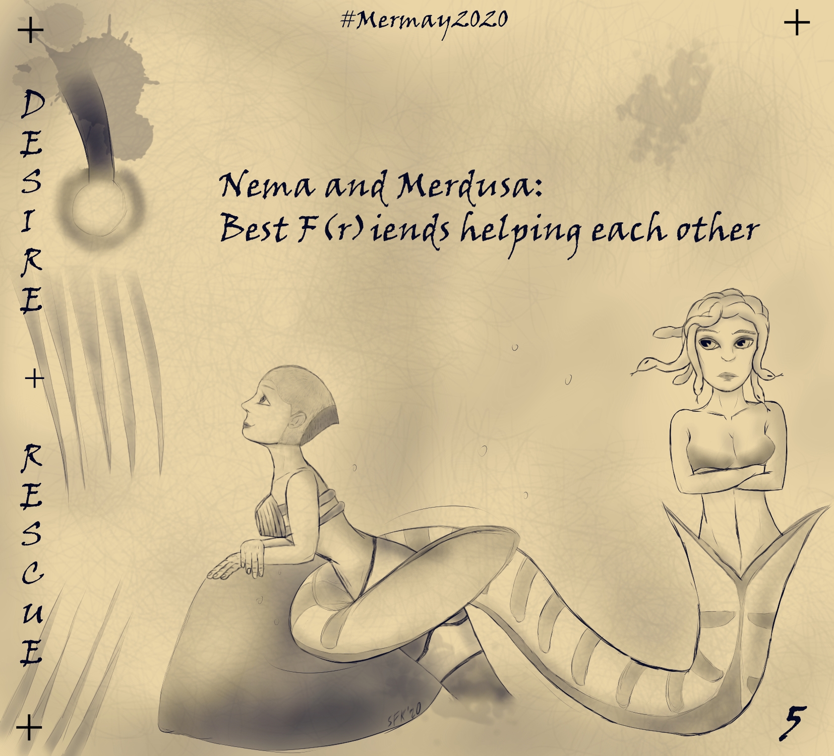 Digital Painting, Comic style, monochrome, dark blue colour, bright background: In the left half of the painting there is Nema, a mermaid with short hair and the lower body and colour of a clownfish. She wears sea anemones as bikini top. She is leaning on a big stone and is starring fascinated to a shiny light orb in the top left corner of the painting. You also can sea giant teeth near her. Merdusa's arms are crossed and she has an annoyed facial expression. She swings her tail, Nema catching at hips height. Headline: "Nema and Merdusa: Best F(r)iends helping each other"