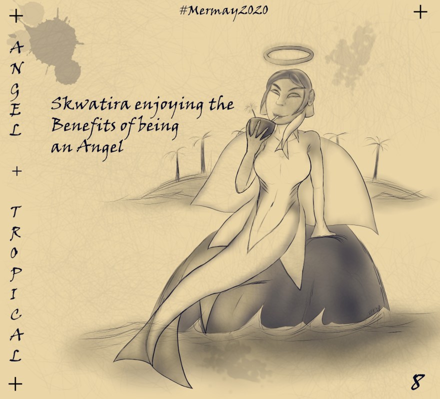 Digitalzeichnung, Comicstil, monochrom dunkelblau auf hellem Grund: Eine Engelshai-Meerjungfrau mit Heiligenschein auf einem Felsen vor einer Südseeinsel, sie trinkt aus einer Kokosnussschale