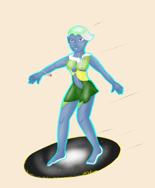 Gaia, die Götten der Erde, fröhlich auf einem runden Teppich rutschend. Gaia hat eine blaue Hauptfarbe, weiße Haare im Seitenschnitt, die Haare zur linken Körperseite gerichtet, weiße Fußsohlen, die Kleidung liegt in Form der Kontinente eng an, am Handgelenk trägt sie einen kleinen Herz-Mond-Anhänger, die Stirn ist umrankt vom einem hellgrünen Lichterkranz, der Körper eingehüllt in hellblaues Licht, das sie wie eine Atmosphäre umhüllt, der Teppich ist schwarz, in seiner Mitte prangt die Milchstraße, Sterne ergänzen das Bild.