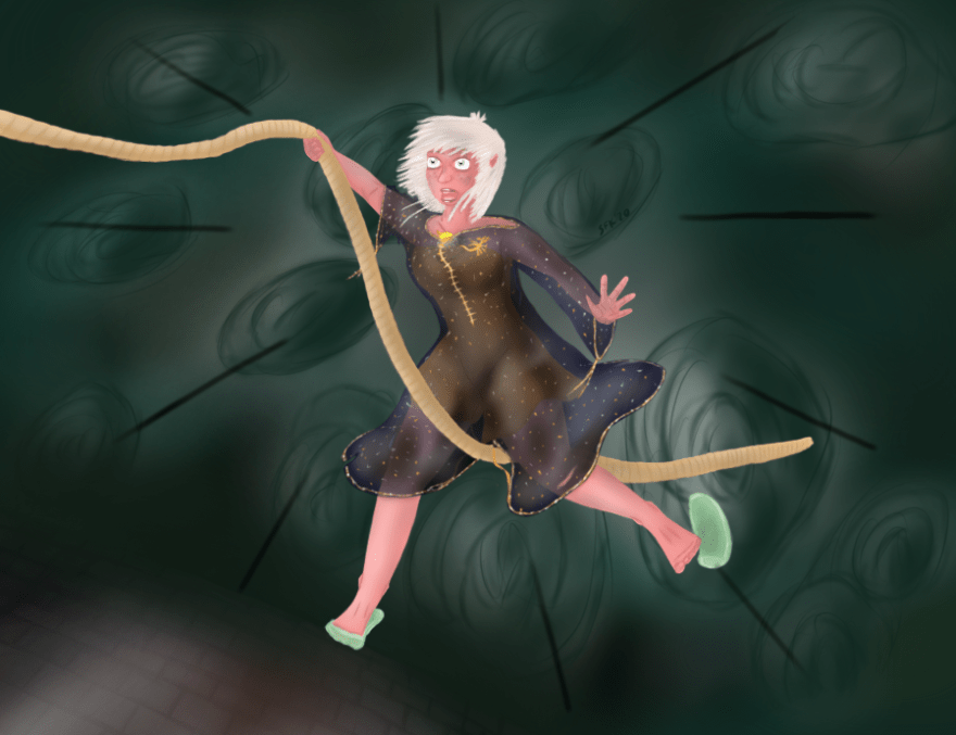 Digitalzeichnung, Comicstil: Das Bild ist aus einer Perspektive über der Prinzessin gezeichnet, die vom Turm hinab in die Tiefe fällt. Man blickt am Turm entlang hinunter in den Schlossgarten auf die Vorderseite der Prinzessin. Diese trägt ein etwas zerissenes, dreckiges Seidennegligée, ein Fuß noch an der Turmwand, der linke Schuh, noch auf dem Bild zu sehen, hat sich bereits vom Fuß gelöst und fällt ebenso in die Tiere. Sie selber ist ebenfalls noch unfrisiert, die weißblonden, schulterlangen Haare sind schmutzig und zerzaust, sie hat auch Schmutz im Gesicht und an den Gliedern, die rechte Hand fasst nach dem Seil, das von links oben ins Bild hineinragt. In der Tiefe erkennt man mehrere Bäume sowie dunkelgrün den Boden des Schlossgartens.