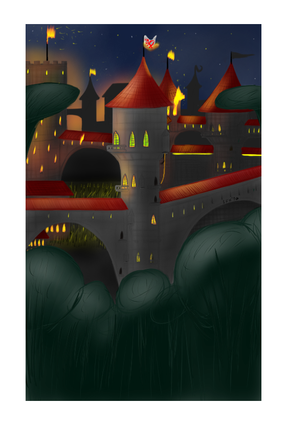 Das Schloss aus Richtung Schlossgarten bei Nacht gesehen, Comicstyle: Zwischen Betrachter und Schloss befinden sich Bäume, im Hintergrund befinden sich Türme und Gemäuer, auf einigen davon sind Flammen zu sehen, die meisten Fahnenmasten und ihre Fahnen brennen, hauptsächlich auf der linken Bildhälfte, im Fokus der Betrachtung steht der Turm, in dem sich das Gemach der Prinzessin befindet, dieser scheint noch unversehrt, obwohl die Flagge mit dem Wappentier bereits zu brennen beginnt, die hellerleuchteten Fenster des Gemachs haben einen ganz leichten Grünstich, aus einem kleinen, dem Schlossgarten zugewandten, Erker hängt ein Seil, das bis zu einem schmalen Sims und einer Türe reicht, zwei Gestalten klettern an dem Seil hinab