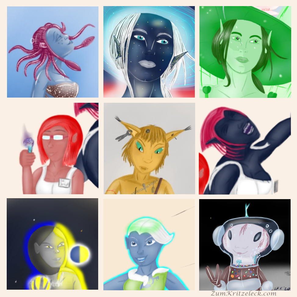 Digitalzeichnung, Comicstil: Neun Gesichter/Köpfe aus von mir gezeichneten Bildern, quadratisch angeordnet (3 mal 3): Eine Tintenfisch-Meerjungfrau, blaue Hautfarbe, Tentakeln statt Haare. Eine Frau mit einem Sternenhimmel als Haut, ein hellblaues Energiefeld als Hut. Dieselbe Frau, mit denselben Gesichtszügen und derselben Kopfhaltung, diesmal als Elfe mit spitzen Ohren und einem Seerosenblatt als Hut. Doktor Jekyll, eine rothaarige Wissenschaftlerin mit rauchendem Reagenzglas. Eine humanoide Karakal-Frau Mit Zange und Nagel als Schmuck in den Ohren. Dr. Jekyll in Verwandlung zu Mrs Haid, sie hat mehr Muskeln, dunkelblaue Haut, das Gesicht ist verzerrt, die Haare bilden eine Dreieckflosse. Mondgöttin Selene, hellgraue Haut, eine Körperhälfte im Schatten, die andere leuchtend. Erdgöttin Gaia, blaue Hat, weiße, kurze Haare im Seitenschnitt. Ein weiblicher, vernunftbegabter Axolotl (Schwanzlurch) in einem Raumanzug auf dem Mond, der Helm ist mit Wasser gefüllt, sie zeigt das vulkanische Handzeichen des Grußes.