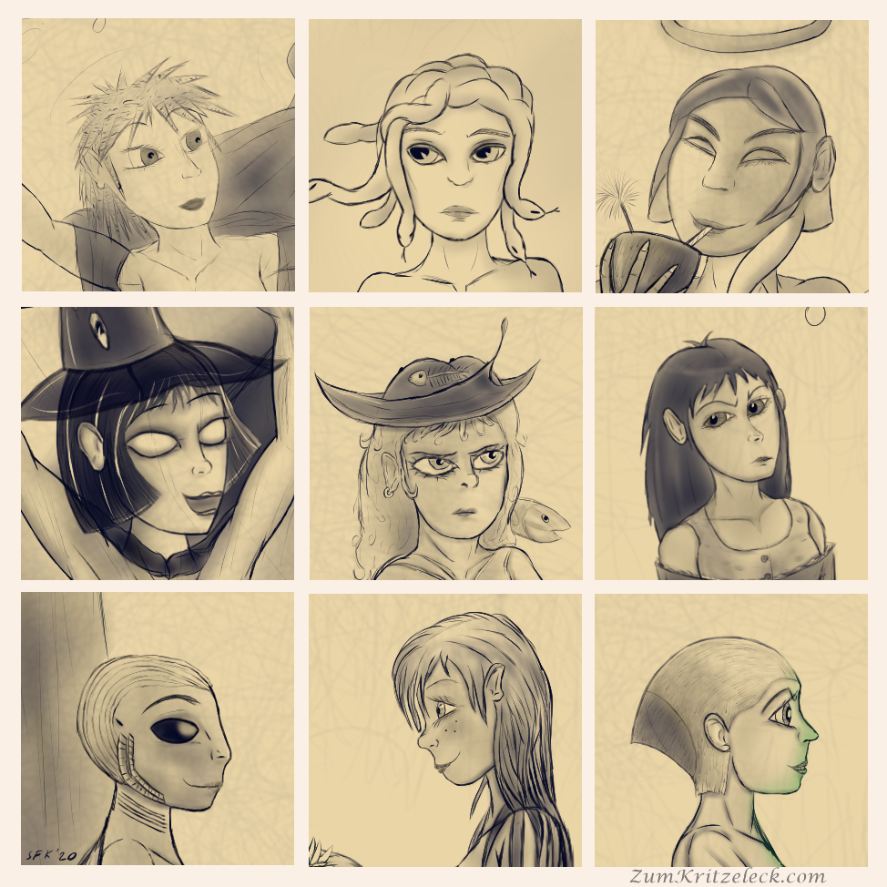 eun Gesichter/Köpfe von Meerjungfrauen aus dem Meerjungfrauen-Monat Mai, alle Zeichnungen sind Digitalzeichnungen im Comocstil, monochrom dunkelblau auf hellem Hintergrund: Eine stachelhaarige Feuerfisch-Seejungfrau. Eine Meerjunfrau-Medusa. Eine Engelshai-Meerjungfrau, die aus einer halben Kokosnuss trinkt (ein Teil des Heiligenscheins ist zu erkennen). Eine junge Meerjungfrauen-Hexe mit weiß leuchtenden Augen. Eine Piraten-Meerjungfrau mit Papageienfisch über der linken Schulter. Eine Abenteurerin, die, wie zum Teil noch zu erkennen, in eine riesige Sushirolle eingewickelt ist und entsprechend missgelaunt zu der Piraten-Meerjungfrau guckt. Ein Mensch-Amphibien-Wesen mit Kiemen und großen, ovalen Augen, nach rechts ins Bild schauend. Eine junge Meerjungfrau nach links Augenkontakt mit dem Wesen aufnehmend, man erkennt noch eine Seerosenblüte in der Hand. Eine Meerjungfrau mit kurzen Haaren, sie guckt fasziniert nach rechts im Bild, in ihrem Gesicht spiegelt sich sachte grünes Licht.