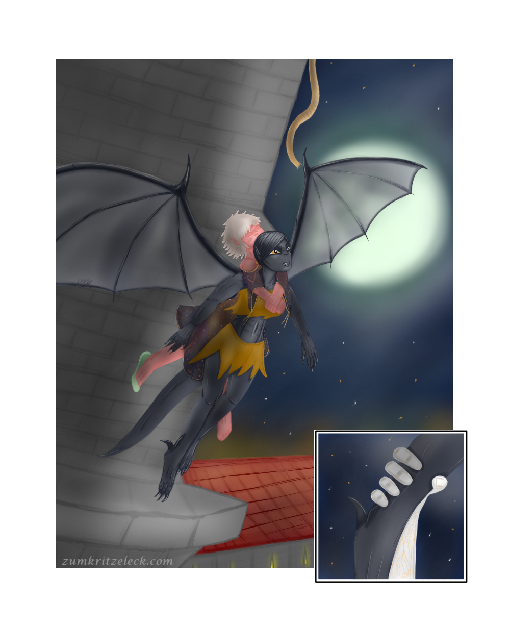 Digitalzeichnung, Comicstil, zwei Panels, ein großes, rechteckiges und ein kleines, quadratisches Panel, Fortsetzung basierend auf dem vorherigen Bild, das große Bild ist aus einer leicht nach rechts geneigten Perspektive: Die Gargoyle schwingt sich mit ausgebreiteten Flügeln von einem Sims am Turm in die Höhe, die Prinzessin klammert sich mit geschlossenen Augen um ihren Hals, ihr rechter Hausschuh löst sich nun ebenfalls bereits vom Fuß. Von oben hängt das das Ende eines Seils ins Bild. Unter ihnen ist noch das rote Dach eines weiteren Gebäudes zu sehen. Der Hintergrund besteht aus einem Sternenhimmel, am unteren Rand ist leichtes gelb-oranger Schimmer am Himmel zu erkennen. Dominiert wird der Nachthimmer von einem großen Vollmond, der einen leichten Grünstich aufweist. Im kleinen Panel sind Ferse und untere Wade der Gargoyle vor dem Sternenhimmel zu sehen, sowie die mit einem weißen Handschuh versehene Hand Lucas, die diese umklammert.