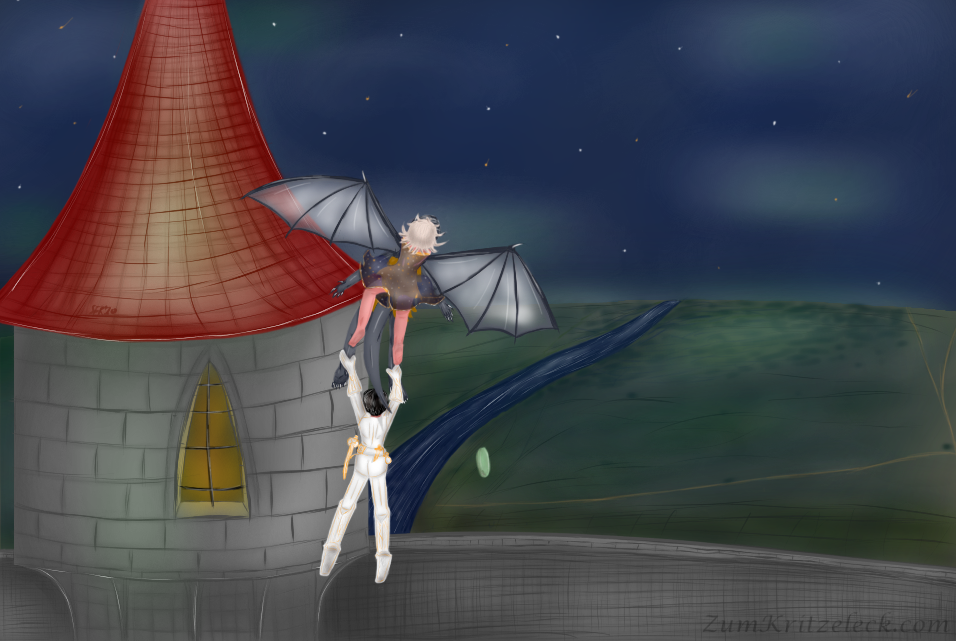 Digitalzeichnung, Comicstil: Im Vordergrund, Rückenansicht, befindet sich die Gargoyle, die Schwingen weit ausgebreitet. Auf ihrem Rücken hängt die Prinzessin, Luca hat die Knöchel der Gargoyle gepackt. Die Prinzessin trägt ein dunkelblaues Seidennegligée, auch den verliebene Hausschuh hat sie nun verloren, man sieht ihn in die Tiefe fallen. Luca trägt ihre weiße Uniform, am Gürtel hat sie neben der goldverzierten Säbelscheide auch einen ebenso verzierten Dolch und einen kleinen, weißen Beutel. Diese Flug-Gesellschaft befindet sich in der Luf und steuert auf einen großen Turm mit rotem Dach zu. Dahinter ist eine Schlossmauer zu sehen. Im Hintergrund befindet sich eine grüne Landschaft mit einem Fluss, Wegen, Bäumen und Wäldern unter einem Nachthimmel