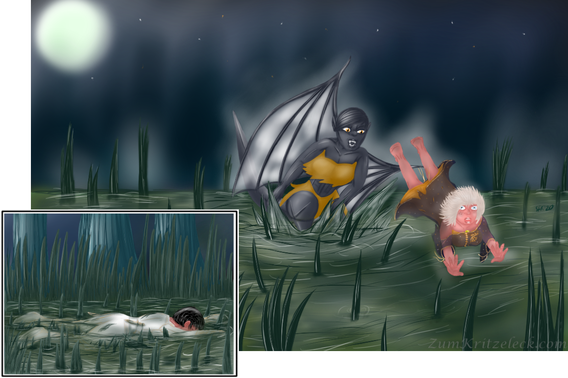 Digitalzeichnung, Comicstil: Ein großes Panel im Hintergrund und ein etwas kleineres Panel in der linken, unteren Ecke im Vordergrund. Im kleinen Panel liegt Luca bäuchlings im Wasser eines Sumpfes mit zahlreichen, aus dem Wasser ragenden, Pflanzen. Ihre weiße Uniform und verdreckt und zu Teilen mit Sumpfflanzen bedeckt. Im Hintergrund sind Bäume, vom Mondlicht angestrahlt, zu sehen. Im großen Panel landet die Gargoyle ebenfalls im Sumpf, sich mit den Knien abfedernd, Wasser aufspritzend, Zähne zeigend. Die Prinzessin befindet sich in der Luft, Hände voraus in den Sumpf fallend. Auch hier ragen zahlreiche Pfanzen aus dem Sumpf. Im Hintergrund sind dunkle Schemen zu sehen, sowie dahinter ein Sternenhimmel und ein großer, strahlender Vollmond.