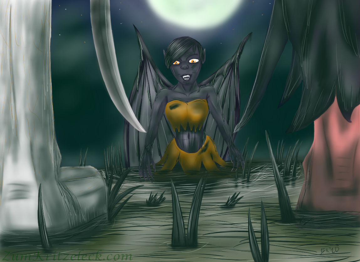 Digitalzeichnung, Comicstil: Im Vordergrund sieht man rechts den linken Fuß der Prinzessin, sowie ein Teil des Beins und des Negligées. Sie ist barfuß, das Negligée ist mit grünem Sumpfschlamm vollgesogen. Links sieht man den rechten Fuß Lucas, der in einem einstmals weißen, nun an zahlreichen Stellen grünlich verdreckten Stiefel steckt. Ebenso sieht man ihrn Säbel (gleichfalls verdreckt), dessen Spitze sich auf derselben Höhe befindet wie die Spitze eines Fetzens des Negligées der Prinzessin. Zwischen diesen beiden Spitzen ist die Gargoyle etwas weiter im Hintergrund zu erkennen. Diese steht bis zu den Hüften im Sumpf und blickt irritiert nach unten. Sie ist von grünem Sumpfwasser und an mehreren Stellen von Pflanzen bedeckt. Weiter hinter der Gargoyle sind undeutliche, grüne Schemen zu erkennen, sowie dahinter ein Nachthimmel, ein großer, heller Vollmond ist an diesem an einer Position genau über dem Kopf der Gargoyle eingezeichnet.