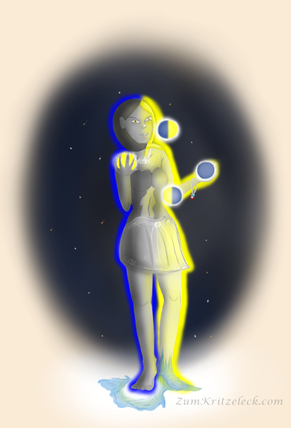 ComputerZeichnung, Comicstil: Meine Version von Selene, der Göttin des Mondes im Dreiviertel-Profil. Sie hat eine hellgraue Hautfarbe, ihre rechte Körperhälfte liegt im Schatten und Halbschatten, ihre linke Körperhälfte strahlt in gelb-weißem Licht, jeweils inklusive der Kleidung. Die Haare Rahmen Kopf und Gesicht sichelförmig ein, ihr rechtes Ohr ist allerdings zu sehen. Die Haare auf ihrer rechten Körperseite sind dunkelgrau bis auf die Spitze, die sich auf ihrer linken Körperseite befindet und so strahlend gelb ist wie auch das andere Haar auf dieser Körperseite. Die Oberflächenstrukturen der erdzugewandten Seite des Mondes liegen als Kleidung eng am Körper an. Die dunklen Flächen der Nordhhalbkugel bilden ein bauchfreies Corsage, die hellen Bereiche der Südhalbkugel liegen als Minirock an, mehrere weiße Knöpfe zieren den Minirock. Um den Hals trägt sie ein weißes Collier. Die dunklen Flächen der Nordhhalbkugel bilden ein bauchfreies Corsage, die hellen Bereiche der Südhalbkugel liegen als Minirock an, mehrere weiße Knöpfe zieren den Minirock. Um den Hals trägt sie ein weißes Collier. In der rechten Hand hält sie eine weißgelb strahlende Kugel, in der linken eine dunkelblaue, zwischen diesen schweben in der Luft zwei weitere Kugeln, auf Augenhöhe eine, deren rechte Hälfte gelb, die linke dunkelblau ist, auf Taillenhöhe umgekehrt. Am linken Handgelenk trägt sie einen Erde-Mond-Anhänger. Der linke Fuß ist in Wasser gehüllt, es versucht sogar, diesen herauf zu fließen, vom rechten Fuß hält es sich fern, es flieht gar vor ihm. Ihre linke Körperhälfte ist von strahlend gelbem Licht umhüllt, ihre rechte von strahlend blauem. Als Hintergrund ist als Oval ein Sternenhimmel angedeutet, sie steht auf einem angedeuteten, weißen Untergrund.