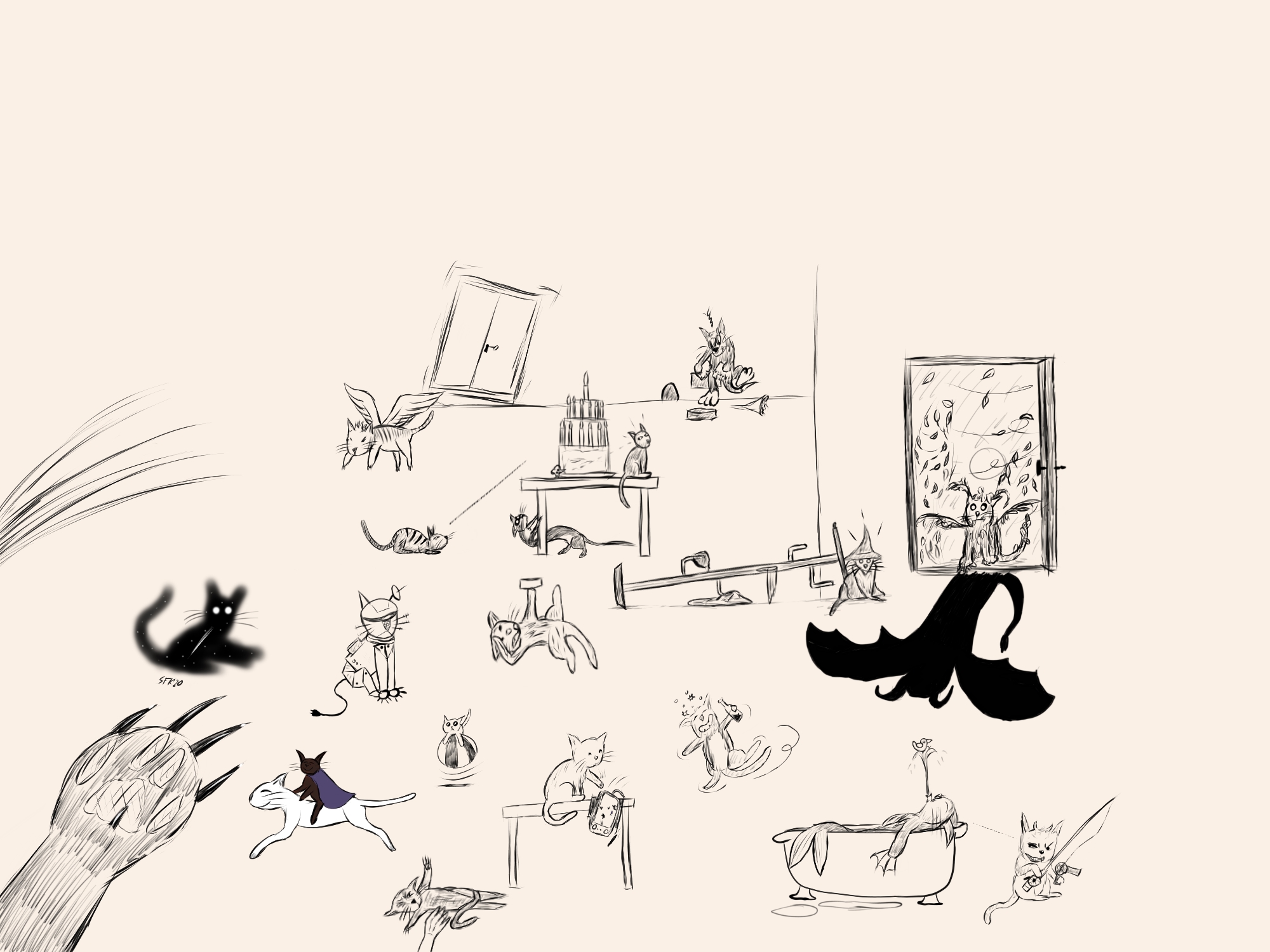 Hinzugekommen (siehe Beitrag von letzter Woche), selber Stil, selber Medium wie zuvor: Eine Katze mit einem Fön an einer Angel neben der Badewanne der Meerjungfrauenkatze, eine Katze auf dem Rücken, die die Krallen zückt, als eine Hand sie kraulen will, eine betrunkene Katze mit Flasche, eine Katze, die sich an die Torte anschleicht, ein wackelnder Kleiderschrank, Nahaufnahme einer Pfote mit Krallen, eine Babykatze auf einem hüpfenden Ball (man sieht nur Kopf und Vorderpfoten).