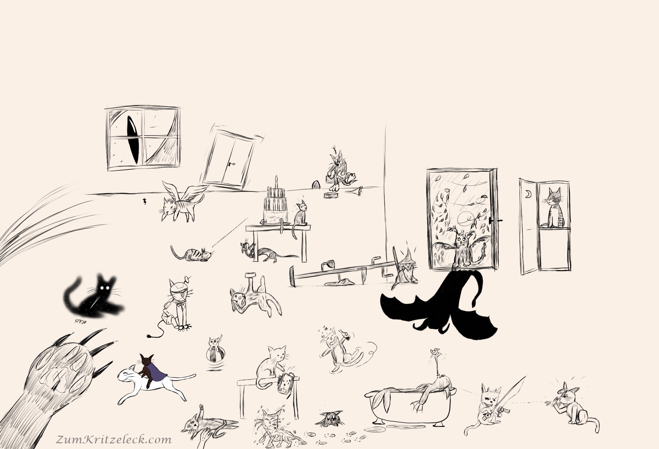Hinzugekommen (siehe Beitrag von letzter Woche), selber Stil, selbes Medium wie zuvor: Ein kleines schwarzes, traurig guckendes Kätzchen, eine Katze im oberen Fach eines geöffneten Schranks mit Sichelmond in der Türe, eine weiße Katze deren Ohren an Engelsflügel erinnern, deren eine Haarsträhne wie ein Heiligenschein geformt ist und die der "mieren Katze" andeutet, sie im Blick zu behalten, ein Fenster durch das ein riesiges Katzenauge schaut, eine nasse Katze, die von der Badewanne weggekrochen ist, eine winzige Katze, die zu dem riesigen Katzenauge im Fenster schaut