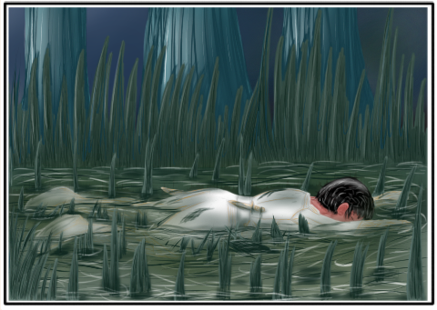 Digitalzeichnung, Comicstil: Luca liegt bäuchlings im Wasser eines Sumpfes mit zahlreichen, aus dem Wasser ragenden, Pflanzen. Ihre weiße Uniform und verdreckt und zu Teilen mit Sumpfflanzen bedeckt. Im Hintergrund sind Bäume, vom Mondlicht angestrahlt, zu sehen.