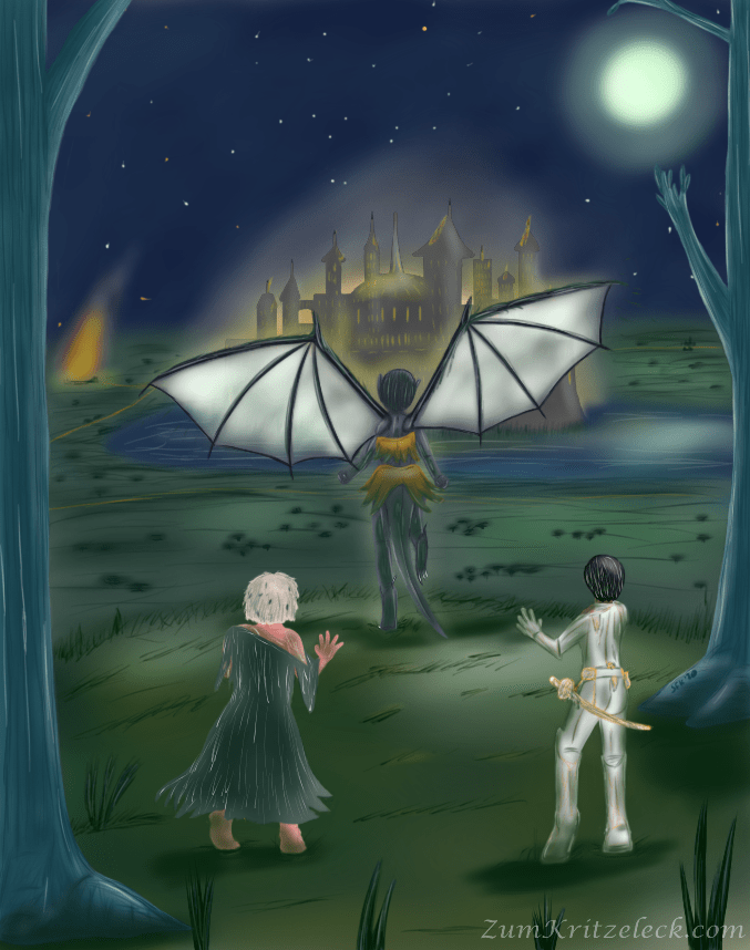 Digitalzeichnung, Comicstil: Eine grüne, nächtliche Landschaft, von Wegen und Bäumen durchzogen, in der Mitte steht das von Wasser umgebene Schloss, einige Feuer brennen, Rauch wird nach rechts hinweggeweht, in der Nähe des Schlosses ist ein kleineres, dafür aber stärkeres Feuer zu sehen. Im Vordergrund sieht man zwei Bäume sowie die Protagonisten von hinten, die auf diese Landschaft hinabschauen. Das Kleid der Prinzessin hat nun die Farbe des Sumpfs angenommen, auch Lucas Uniform ist mit grünen Stellen bedeckt, die Gargoyle hat die Schwingen ausgebreitet und läuft auf den Abhang zu, der die Grenze zur zuvor beschriebenen grünen Landschaft bildet. Der Hintergrund ist ein Sternenhimmel mit einem großen, strahlenden Vollmond, der einen ganz leichten Grünschimmer besitzt.