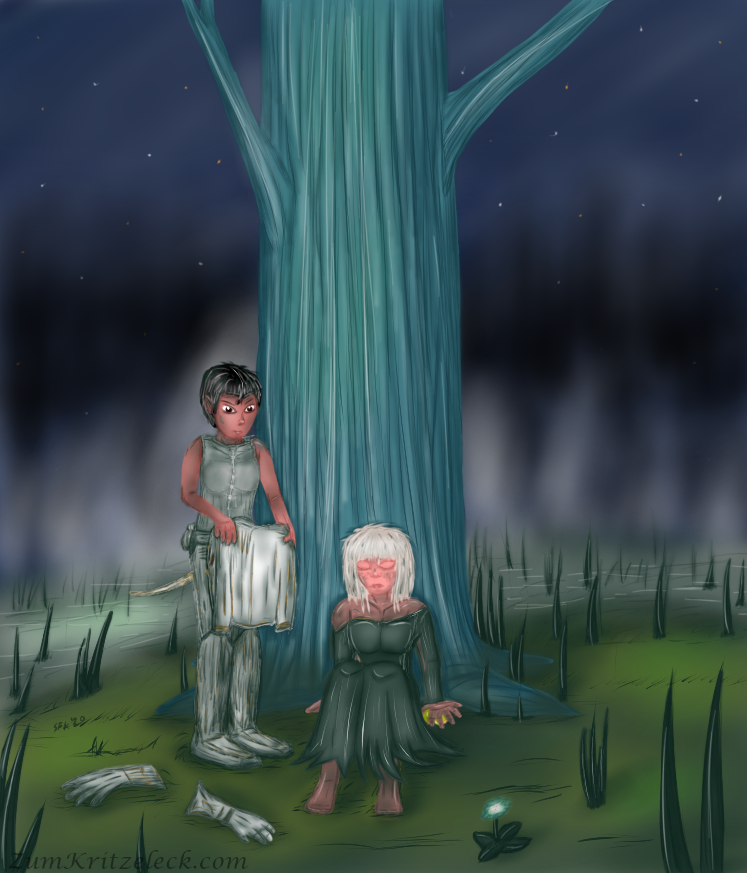 Digitalzeichnung, Comicstil: Die Prinzessin lehnt erschöpft an einem Baum, die Augen geschlossen. Zu ihrer Rechten steht Luca. Deren Handschuhe liegen auf dem Boden, sie hat ihre Uniformjacke ausgezogen und reicht sie der Prinzessin. Im Hintergrund ist der Sumpf zu sehen, sowie weiße Dampfschwaden, dahinter die schwarzen Konturen von Bäumen und darüber ein nächtlicher Sternenhimmel. Auch im Vordergrund befinden sich vereinzelte Sumpfpflanzen, darunter auch eine mit sehr hellem und blaugrünem Blütenkopf.