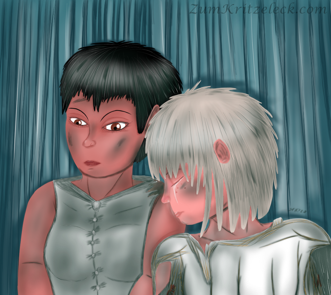 Digitalzeichnung, Comicstil: Luca (links) und die Prinzessin (rechts) lehnen mit dem Rücken an einem Baum, beide sind noch immer vom Sumpf verdreckt, die Prinzessin hat Lucas Uniformjacke als Decke über dem Oberkörper gelegt. Luca starrt vor sich hin, die Prinzessin hat die Augen geschlossen und den Kopf gegen Lucas linke Schulter gelehnt, diese ist an einer Stelle bläulich-grün gefärbt, das (ärmellose) Hemd dort eingerissen. Tränen rinnen über die Wange der Prinzessin, die Nase ist leicht rötlich gefärbt.