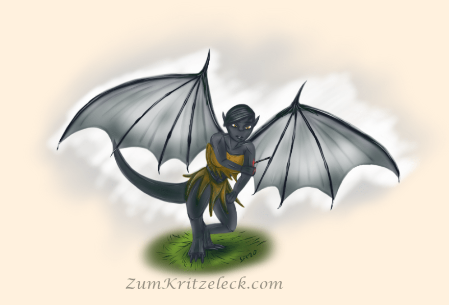 Digitalzeichnung, Comicstil: Es ist die Gargoyle zu sehen auf einem kleinen Stück Grün vor hellgraumen Hintergrund, die Schwingen sind noch halb ausgebreitet, sie ist leicht vorgeneigt und hält sich den linken Arm, in dessen Oberarm steckt ein abgebrochener Pfeil, rotes Blut rinnt den Arm hinab und mit über die rechte Hand, die diesen hält.