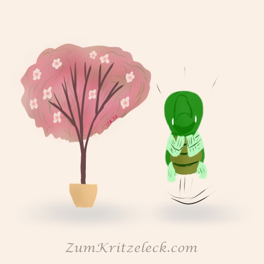 Digitalzeichnung, Comicstil: Ein in vollster Blüte stehendes, strahlenes Bäumchen, danaben ich als mein Avatar, eine Weltraumraupe mit einem großen Auge in der Mitte, glücklich auf der Stelle hüpfend, das Auge geschlossen