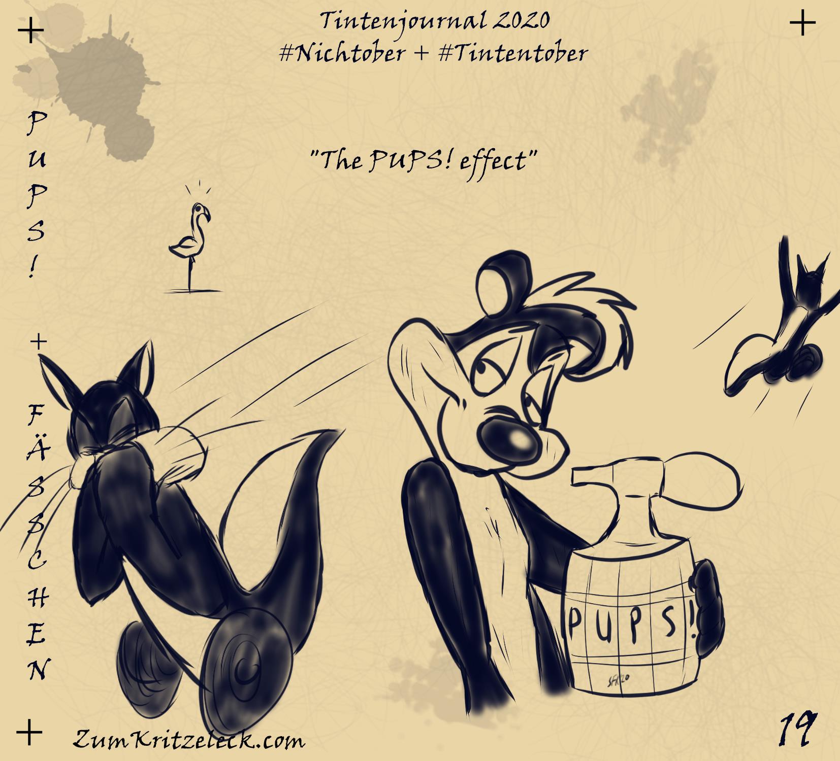 "Tintenjournal 2020"-19, tintensimulierende Zeichnung in einem dunklen Blau auf beigem Grund, die Zeichnung ist gehalten wie die Seiten eines Zeichnungsjournals: "Pups! + Fässchen" - Ein Cartoon-Stinktier (Pepe le Pew, Loony Toons) hält selbstbewusst blickend ein kleines Fässchen mit Parfümzerstäuber oben drauf ins Bild, auf dem Fässchen steht "PUPS!", rechts und links rennen Katzen mit weißen Streifen auf Rücken und Schwanz davon, die links hält sich dabei Mund und Nase zu und hat die Augen geschlossen, im Hintergrund steht ein Flamingo, der schockiert schaut, Überschrift: "The PUPS! effect"