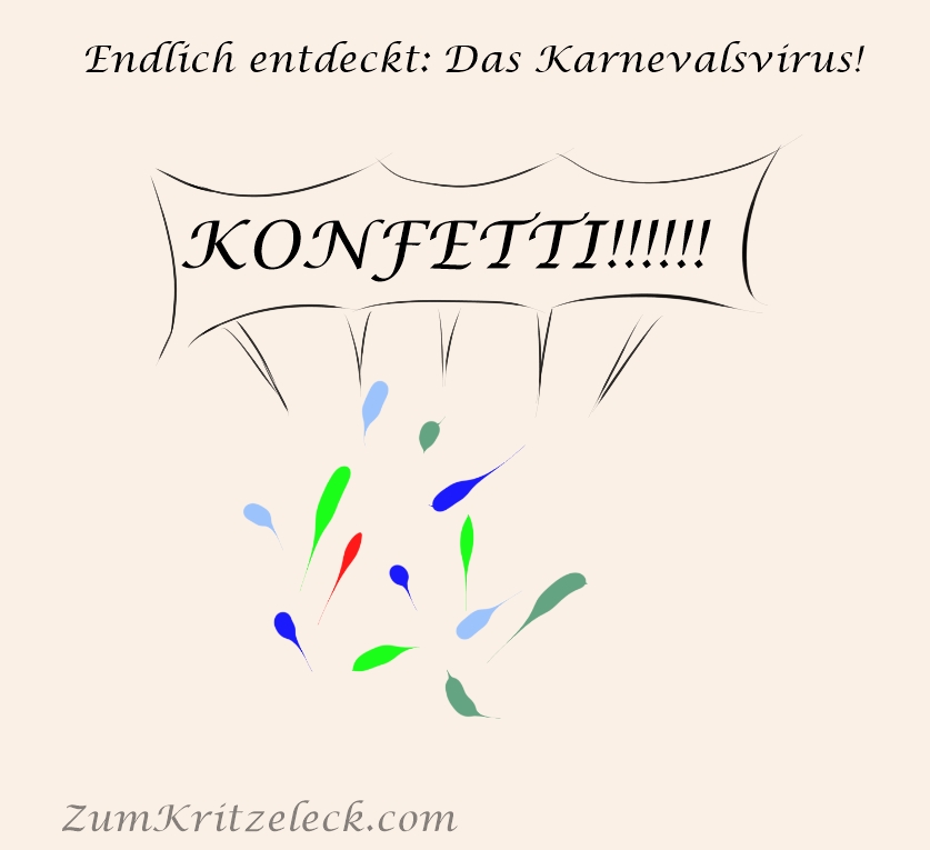 Digitalzeichnung: Viele bunte Flecken auf hellem Grund, Überschrift "Endlich entdeckt: Das Karnevalsvirus!", über den bunten Flecken der Ausruf: "KONFETTI!!!!!!"