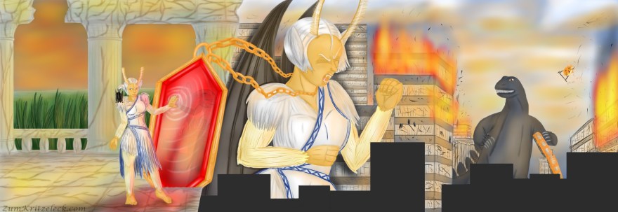 Digitalzeichnung, Comicstil: Das Gesamtbild zu dem zuvor präsentierten OC. Es gliedert sich grob in drei Teile, Cosmothra im Tempel, Batcosthra inmitten einer Hochhausschlucht und Godzilla umrahmt von brennenden Gebäuden, hier ist das Bild in der Gesamtansicht gezeigt. Im linken Teil des Bildes Ein alter Tempel, braune Ranken, im Hintergrund Säulen, ein steinernes Geländer ist vorhanden, man hat einen Überblick über die Wipfel des Dschungels bis zum Strand/Meer, der Himmel ist in orange-gelb getaucht. Im Vordergrund steht Cosmothra. Sie hat eine menschliche Gestalt, jedoch die Antennen einer Motte auf dem Kopf, Insektenflaum bedeckt ihren Körper bis auf Gesicht, Hals, Hände und Füße, auch die Ohren bestehen aus diesem Flaum, an ihrem rechten Ohr hängt eine Fledermaus (Batschnattra), Cosmothra trägt eine blauweiße Toga mit Fransen, sie steht vor einem großen, goldenen Schmuckanhänger mit eingefasstem Rubin, in diesem sind schemenhaft Hochhäuser und eine große Echse zu erkennen, die linke Hand berührt den Rubin, von diese Stelle laufen weiße Wellen über diesen. Ob an der Fassung setzen Glieder eine überdimensionalen Halskette an, diese führen nach rechts aus diesem Teil des Bildes raus. Im mittleren Teil des Bildes ist eine riesige Cosmothra mit Fledermausflügeln (Batcosthra) inmitten einer Hochhausschlucht zu sehen, sie hat die linke Hand zur Faust geballt und leicht erhoben, die Augen geschlossen und den Mund geöffnet, spitze Eckzähne sind zu sehen. Die Kettenglieder, die vom linken in den mittleren Teil des Bildes verlaufen, werden vom Betrachter aus gesehen stetig kleiner und bilden schließlich eine Halskette um Cosmothras Hals. Im rechten Teil des Bildes ist eine riesige Echse (Godzilla) zu sehen, die den Kopf zu Batcosthra wendet, dabei lässt sie einen Zug aus der linken Hand fallen. Rechts und links von ihr brennen mehrere Gebäude, Flammen und Rauch geben dem Himmel eine orangen-schwarze Färbung, eine Fahne in Form eines Kugelfischs wird rechts im Bild vom Feuer emporgegtragen.