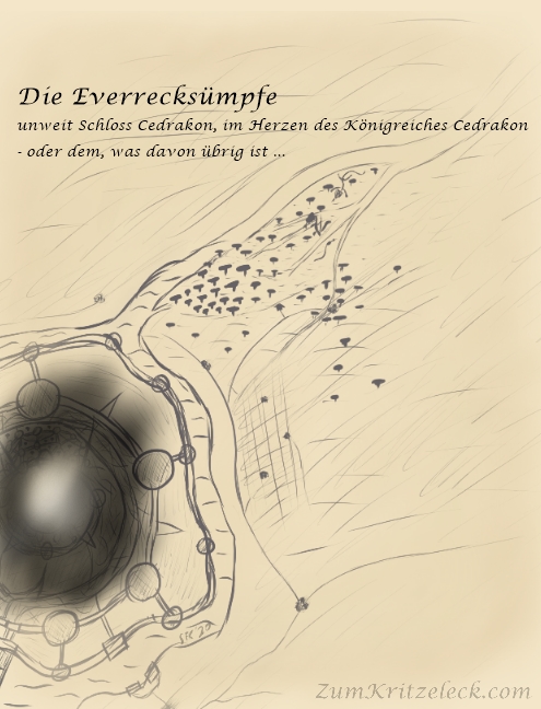 Digitalzeichnung, Comicstil: Ein Ausschnitt aus einer Landkarte (Heller Grund), links unten ist ein Teil von Schloss Cedrakon zu sehen, dessen Zentrum ist jedoch weggebrannt, schwarze Brandspuren zieren dessen Rand, das Zentrum der Karte liegt mehr auf eine Ansammlung von Bäumen im Nordosten des Schlosses am Ufer des nahen Flusses, vereinzelte Gebäude, Dörfer und Feldwege sind ebenfalls zu sehen, Überschrift "Die Everrecksümpfe", darunter, in kleineren Buchstaben "unweit Schloss Cedrakon, im Herzen des Königreichs Cedrakon - oder dem, was davon übrig ist ..."