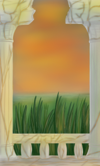 Digitalzeichnung, Comicstil: Ein Ausblick über tropische Baumwipfel hinweg über eine Landschaft bis zum Meer, ein gelb-orangener Himmel, eingerahmt von zwei verfallen wirkenden Steinsäulen, an denen braune Ranken emporwachsen und einem ebensolchen Geländer, auch ein Stück des aus Steinplatten bestehenden Bodens ist zu sehen