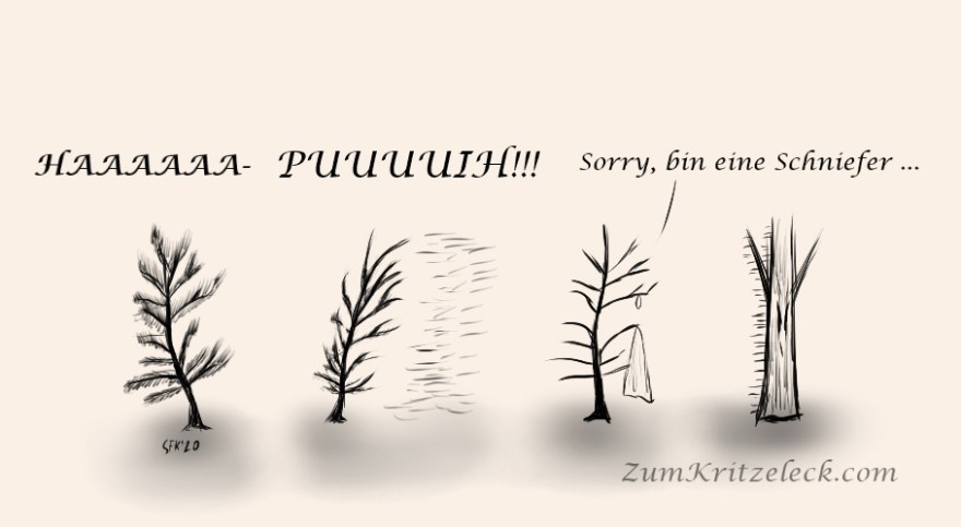 Digitalzeichnung, schwarzweiß, heller Grund, einfache Strichfiguren, eine Bildfolge von drei Bildern: Ein Nadelbaum, der sich nach hinten (hier: links) lehnt, darüber die Schrift "HAAAAAAAA-", im nächsten Bild lehnt er sich nach vorne (hier: rechts), dabei fliegen die Nadeln nach rechts weg, darüber die Schrift "PUUUUUIH!", im letzten Bild steht er gerade, aber ohne Nadeln, dafür mit einem großen Taschentuch in den Zweigen, rechts von ihm ein anderer Baum, dessen Stamm mit Nadeln gespickt ist, erster Baum zum zweiten: "Sorry, bin eine Schniefer"