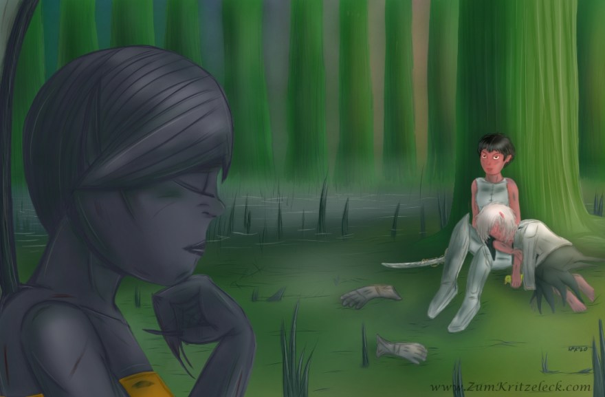 Digitalzeichnung, Comicstyle: Die Protaginistinnen (siehe Beschreibungen zuvor) befinden sich in einem Sumpf auf einem Flecken festeren Untergrundes, im Hintergrund ist tieferer Sumpf zu sehen sowie eine Reihe von Bäumen, im Vordergrund links der Oberkörper der Gargoyle bis etwa Brusthöhe, sie hat das Kinn auf die rechte Faust gestützt und die Augen geschlossen, an einigen Stellen und in den Haaren befinden sich grüne Flecken von getrocknetem Sumpfmorast, an einigen Stellen sind auch (Schnitt-)Wunden zu sehen, in der mittleren Ebene auf der rechten Seite des Bildes Luca, die Prinzessin liegt zusammengekauert neben ihr, den Kopf im Schlaf in Lucas Schoß gelegt, Luca ist wach, der Oberkörper aufgerichtet, sie schaut alarmiert zu der Gargoyle