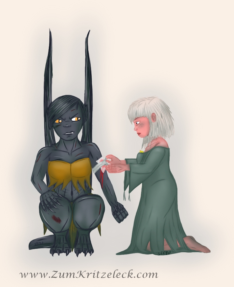 Digitalzeichnung, Comicstil: Orphelya, die weibliche Gargoyle (Gargoyla) ist in der Hocke auf dem Boden, rechts von ihr kniet die Prinzessin und legt ihr einen provisorischen Verband dort an, wo der Pfeil in den Oberarm eingedrungen war, Orphelya ist mit Kratzern und anderen, leichteren Verletzungen überzogen, sie guckt skeptisch zur Prinzessin und hat einen schwarfen Eckzahn gebleckt. Beide sind teilweise noch von (nun getrocknetem) Schlamm und Dreck des Sumpfs überzogen