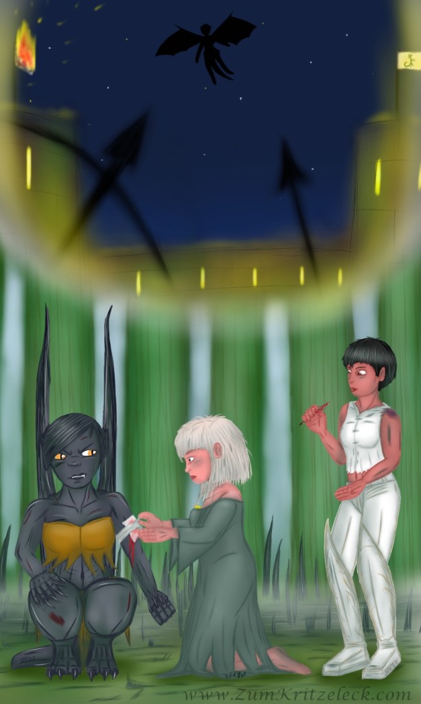 Digitalzeichnung, Comicstil: Orphelya, die weibliche Gargoyle, hockend, wird von der Prinzessin, kniend, am Oberarm verbunden, Orphelya schaut skeptisch auf die Prinzessin, rechts von beiden steht Luca, zwischen den Fingern der rechten Hand den extrahierten Pfeil, an dem noch immer Blut klebt. Im Hintergrund sind Sumpf und Bäume zu sehen, im oberen Teil des Bildes gehen die über in eine andere Szene, die bei Nacht spielt und die Schlossmauern zeigen, Feuerschein spiegelt sich auf diesen wieder, auf einem Turm links brennt eine Flagge, auf einem Turm rechts weht eine Flagge mit einem grünen Drachen drauf, am Himmel vor den Sternen ist die schwarze Silhouette Orphelyas zu sehen. Umrandet ist diese zweite Szenerie von einem gelb-weißen Schimmer, der sie von der Szene im Sumpf abgrenzt