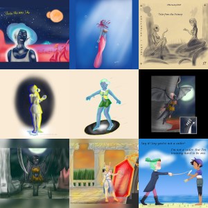 Eine Collage von 3 mal 3 Bildern (siehe weiter unten), meiner persönlichen Top 9 des Jahres 2020, allesamt digital gezeichnet, genauere Beschreibungen bei den jeweiligen Bildern: 1. Star Girl, 2. Tintenfrau, 3. Tales from the Swamp, 4. Selene, 5. Gaia, 6. Liftoff, 7. Stand, 8. Cosmothra, 9. The Owl House Pirates