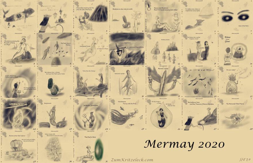 Eine Collage aus allen Bildern, die ich zum Mermay dieses Jahr gezeichnet hatte (siehe die entsprechende Galerie). Titel: Mermay 2020