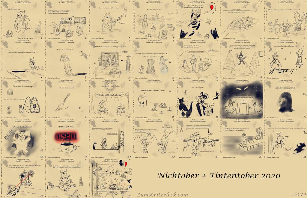 Eine Collage aus allen Bildern, die ich zum Nichtober + Tintentober dieses Jahr gezeichnet hatte (siehe die entsprechende Galerie). Titel: Nichtober + Tintentober 2020