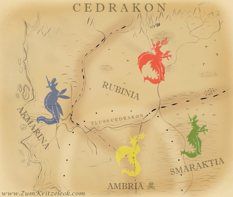 Digitalzeichnung, Comicstil: Eine Landkarte, die grob in vier Bereiche unterteilt ist, in deren Zentrum jeweils ein stilisierter Einhorn-Drache (Cedrakon) unterschiedlicher Farben und Konturen steht. Im Nordosten "Rubinia" (weite Ebenen, vereinzelte Wälder, Berge und ein Vulkan im Norden), ein roter, feuerspeiender Drache mit Flügeln, im Südosten "Smaraktia" (sehr waldreich), ein grüner Drache ohne Feuer und ohne Flügel und im Westen Akmarina (Küste, viele Inseln, Klippen), ein blauer Drache ohne Feuer und ohne Flügel, jedoch mit einer langen Rücken-, sowie Brust- und Bauchflossen. In einem Gebiet, in dem sich diese Reiche (hypothetisch) treffen, "Ambria" (Wüstengebiet), ein gelber Drache mit Flügeln und Feuer, jedoch ohne Beine und statt mehrerer Zähne lange Giftzähne im Oberkiefer, der Name "Ambria" ist mit einem Totenkopfsymbol versehen. Die Grenzen der übrigen Reiche verlaufen durch dieses Gebiet und treffen sich in dessen Mitte.