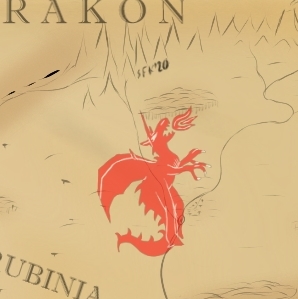 "Rubinia" (weite Ebenen, vereinzelte Wälder, Berge und ein Vulkan im Norden), ein roter, feuerspeiender Drache mit Flügeln
