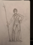 Bleistiftskizze im Skizzenblock: Vorskizze zu Bild "prinzessinnengardistin-luca". Eine Frau mit kurzen, dunklen Haaren. Sie trägt eine helle Uniform und einen Umhang, auf der Brust ist als Wappentier eine drachenartige Gestalt erkennbar. Die linke Hand ist in die Hüfte gestemmt, die rechte hält eine Lanze.