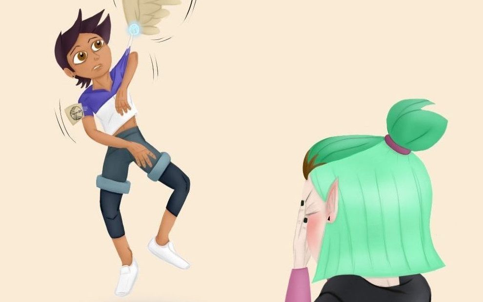 Digital Art, Comic style: The main protagonist of the animated series "The Owl House", Luz Noceda and her friend Amithy Blight; Luz is at the left, she has pinned a notebook sheet (on which is drawn a glyph) to the right sleeve of her hoodie with a sticky tape. Pinned with another sticky tape to the left sleeve is a huge flapping bird wing which lifts her off the ground. Where the sticky tape is pinned to the wing there is the same glyph as mentioned before but its brightly gleaming blue. Amity is seen from behind in the foreground, she is burying her face in her hands and blushing red til to the top of the ears.